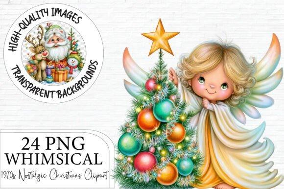 1970s nostalgic Christmas clipart featuring a whimsical angel and decorated tree with colorful ornaments