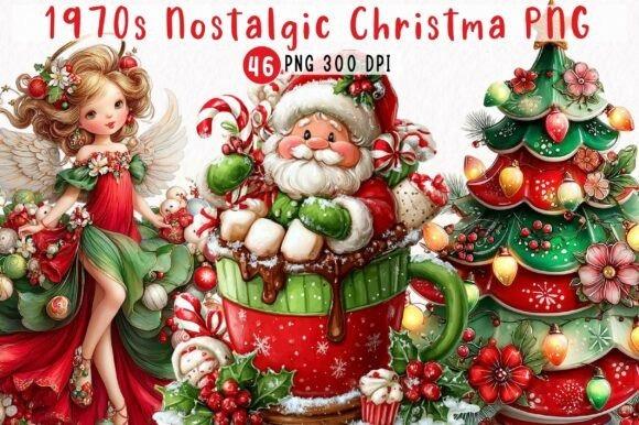 1970s Nostalgic Christmas Clipart featuring vintage Santa, angel, decorated tree, and holiday treats in distressed style