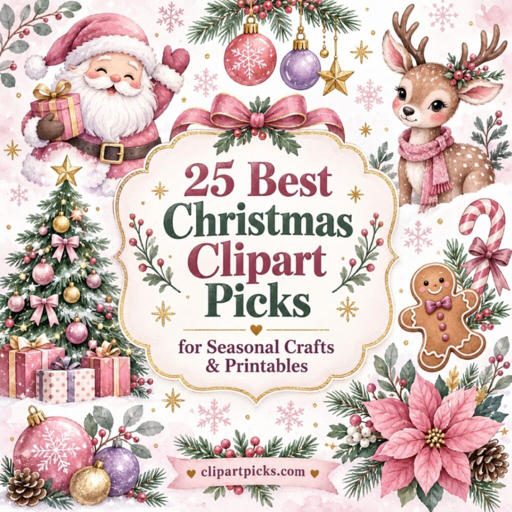 Christmas Clipart featuring Santa Claus, reindeer, decorated tree, gingerbread, ornaments, and poinsettia for seasonal crafts