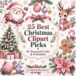 Christmas Clipart featuring Santa Claus, reindeer, decorated tree, gingerbread, ornaments, and poinsettia for seasonal crafts
