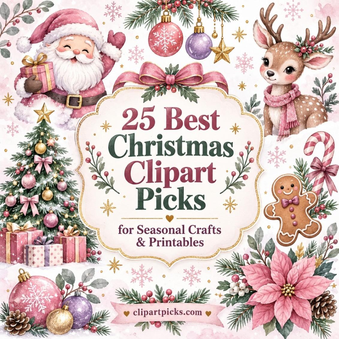 Christmas Clipart featuring Santa Claus, reindeer, decorated tree, gingerbread, ornaments, and poinsettia for seasonal crafts