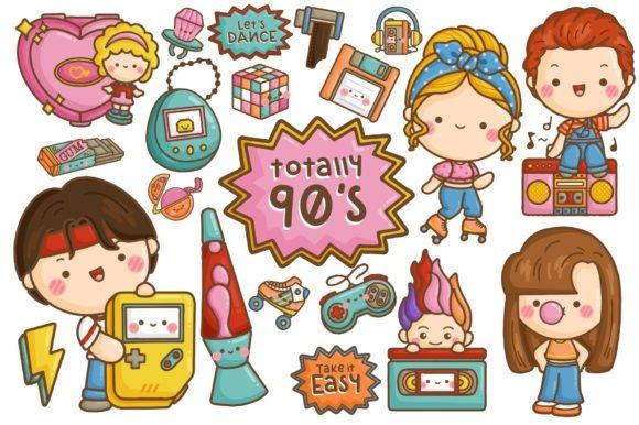 Kids Clipart Picks featuring retro 90s pop culture elements including handheld game, lava lamp, cassette player, and cartoon