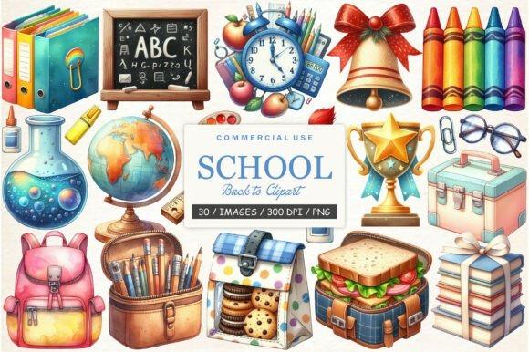 Teacher clipart showing colorful school supplies including books, chalkboard, clock, bell, crayons, globe, backpack, and
