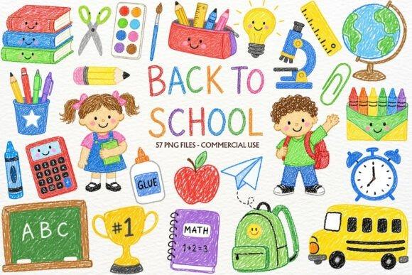 Doodle teacher clipart with school supplies and children for informal classroom printables