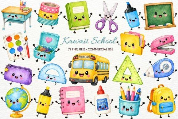 Teacher clipart featuring kawaii kids style school supplies and student characters in colorful PNG graphics