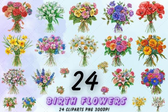 Colorful flower clipart picks featuring 24 birth month flowers arranged in bouquets for crafts and printables