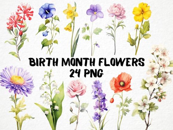 Flower Clipart Picks showing 24 birth month flowers in colorful watercolor style for personalized gifts and prints