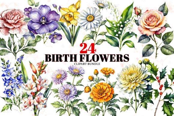 Flower Clipart Picks showing 24 birth flowers arranged in a colorful bundle with detailed botanical illustrations