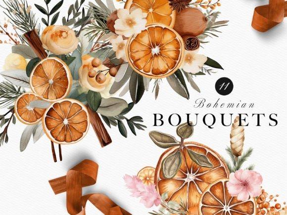 Bohemian Christmas flower clipart with dried orange slices, cinnamon sticks, and soft floral accents in warm autumn hues