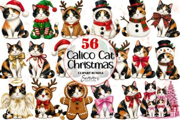 Christmas Clipart featuring 56 calico cats in various holiday costumes including Santa, elf, reindeer, snowman, angel, and