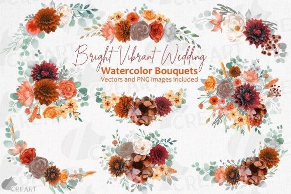 flower clipart featuring bright vibrant watercolor bouquets with orange, red, and brown flowers and green leaves