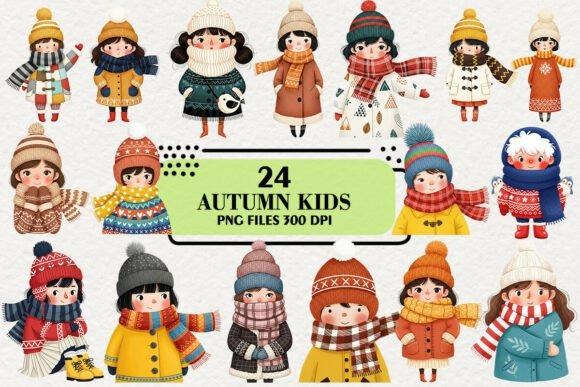 Kids Clipart Picks featuring 24 cute autumn kids in colorful winter clothing with scarves and hats