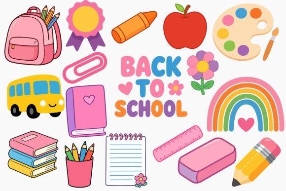 Cute back to school teacher clipart including backpack, bus, books, pencil, apple, rainbow, and art palette