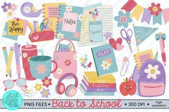 Cute back to school teacher clipart with notebooks, books, scissors, headphones, and school supplies in colorful style