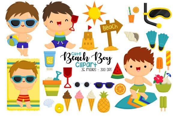 Kids Clipart Picks featuring cute boy on beach with sunglasses, surfboard, sandcastle, and summer items