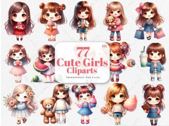 Kids Clipart Picks featuring 14 cute girl characters in chibi, anime-inspired watercolor style with various outfits and