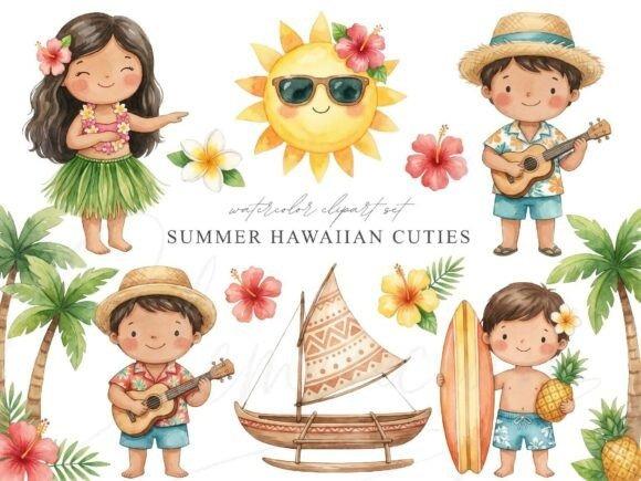 Kids Clipart Picks featuring children in Hawaiian attire with ukuleles, surfboards, tropical flowers, and palm trees in