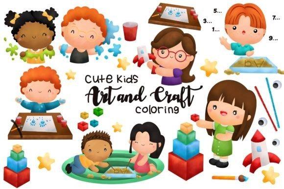 Kids Clipart Picks showing children engaged in various art and craft activities with watercolor style elements