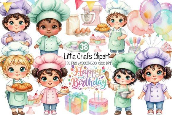 Kids Clipart Picks featuring pastel watercolor kid chefs with cakes, cupcakes, kitchen tools, and birthday balloons