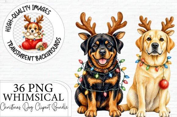Christmas Clipart featuring cute dogs with reindeer antlers and Christmas lights and ornaments