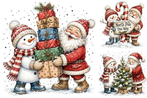 Christmas Clipart featuring cute Santa and snowman characters with gifts, signs, and a decorated tree in high-resolution PNG