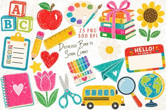Distressed back to school teacher clipart with school supplies and textured finish