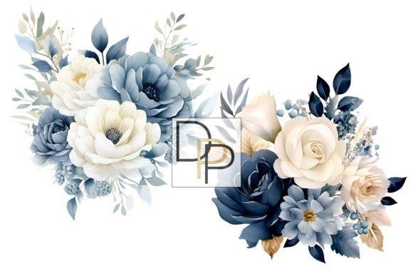 Dusty blue flower clipart picks featuring watercolor floral arrangements with muted blue and cream tones