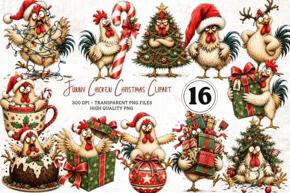 Funny chicken Christmas clipart set with 16 transparent PNG images featuring chickens in festive holiday themes