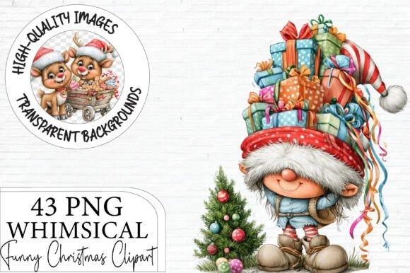 Christmas Clipart featuring whimsical Santa character with gifts and decorated tree in watercolor style