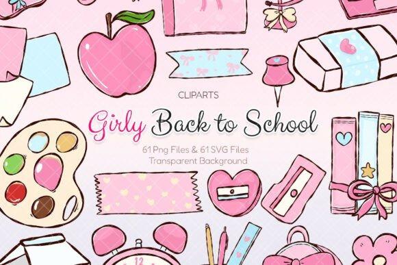 Girly back to school teacher clipart with pink apple, paint palette, heart-shaped sharpener, and school supplies