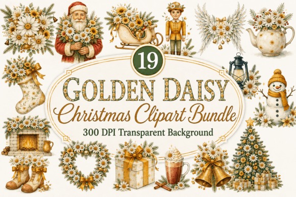 Christmas Clipart featuring golden daisy floral elements with Santa, snowman, tree, gifts, and decorative wreaths in