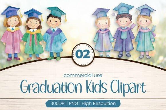 Kids Clipart Picks showing children in colorful graduation gowns and caps in a Graduation Kids Clipart PNG set