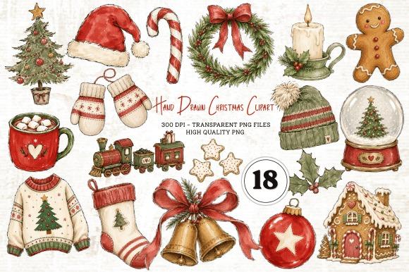 Hand drawn Christmas clipart set with Santa hat, candy cane, wreath, mitten, candle, gingerbread, and other festive elements