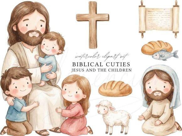 Kids Clipart Picks showing Jesus with children, wooden cross, scroll, bread, fish, and lamb in soft watercolor style
