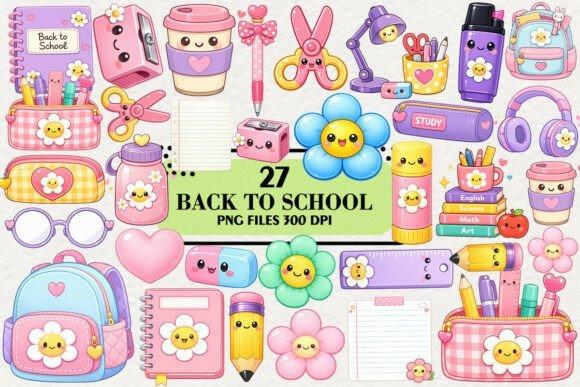 Teacher clipart set with kawaii style school supplies including backpack, scissors, pencil, books, and flowers with smiling