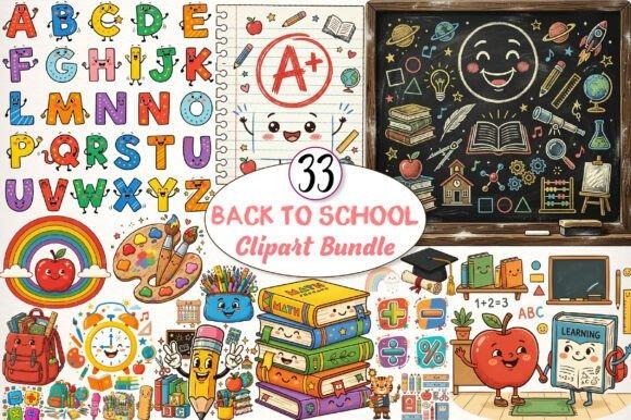 Kawaii back to school teacher clipart with colorful letters, smiling books, apple, school supplies, and chalkboard