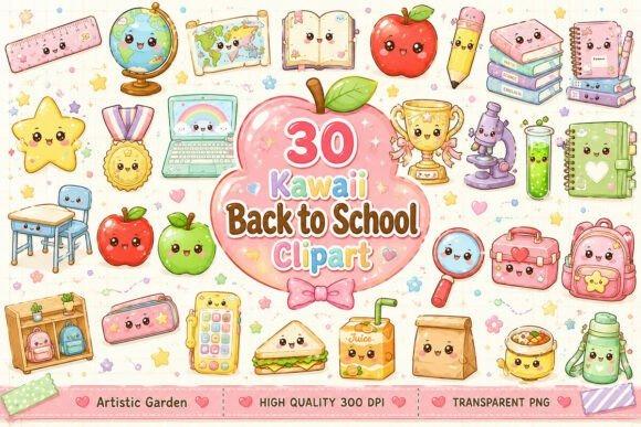 Kawaii back to school teacher clipart with cute school supplies and characters in pastel colors