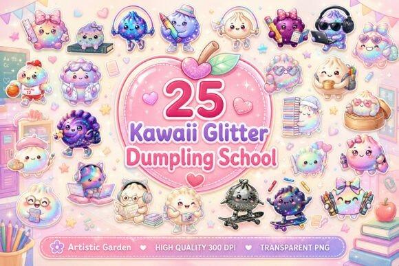 Kawaii glitter dumpling school clipart with playful and whimsical teacher clipart characters in pastel colors