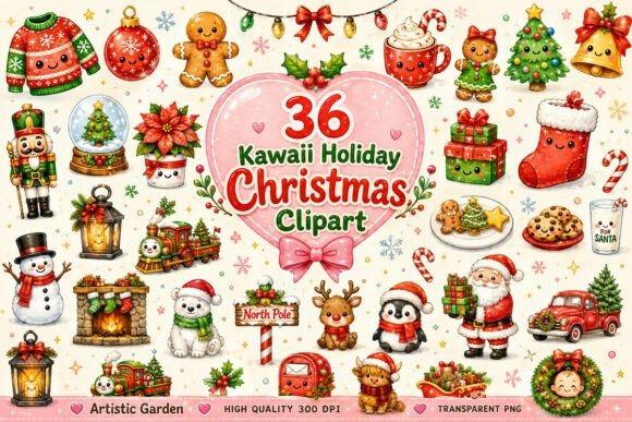 Kawaii Holiday Christmas Clipart collection with cute festive characters and decorations in Christmas Clipart style