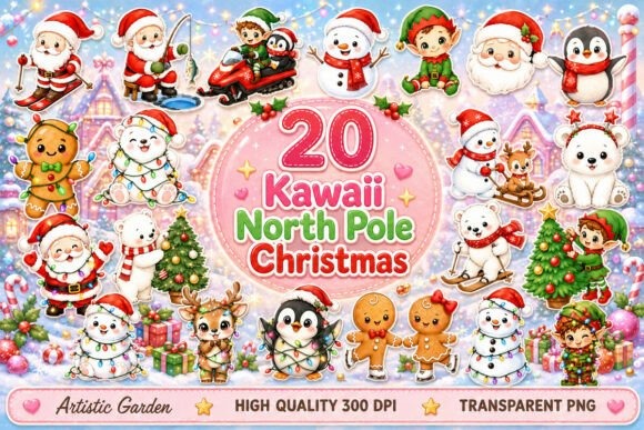 Christmas Clipart featuring 20 kawaii North Pole themed transparent PNG designs including Santa, elves, snowmen, and festive