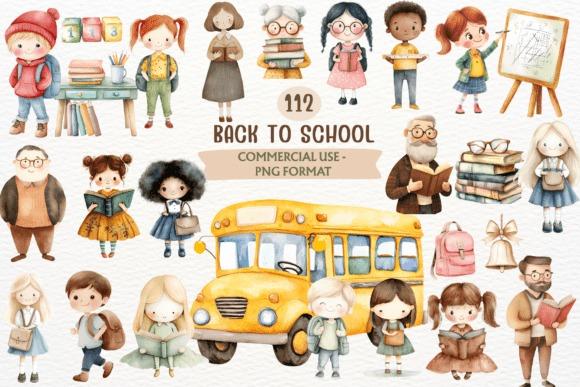 Teacher clipart featuring diverse kids and teachers with school bus and books in PNG format