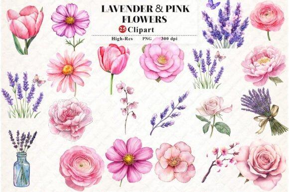 Lavender and pink flower clipart set with 25 watercolor floral designs including tulips, roses, and lavender sprigs