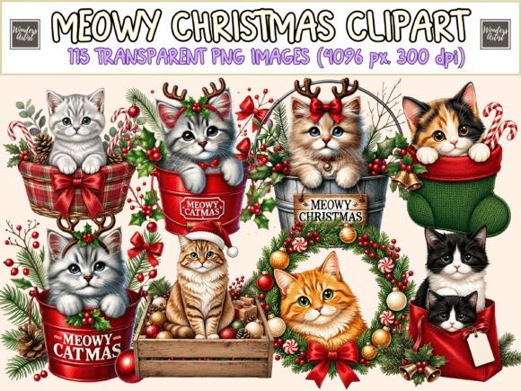 Christmas Clipart featuring playful kittens with holiday props like wreaths, candy canes, and Santa hats