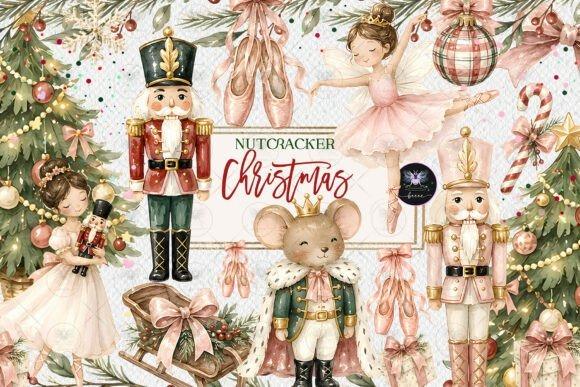 Nutcracker Christmas Clipart with watercolor ballerinas, nutcrackers, Mouse King, ballet slippers, and festive decorations
