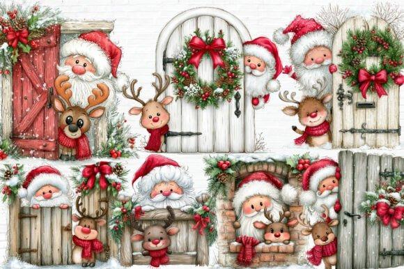Christmas Clipart featuring watercolor Santa and reindeer peeking around doors and holiday decorations