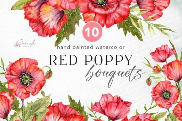 Red poppy bouquet flower clipart hand painted watercolor with green leaves and stems