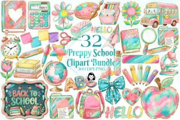 Colorful preppy back to school teacher clipart set with school supplies, books, globe, bus, and decorative elements