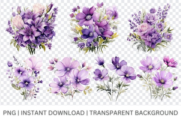Purple watercolor flower clipart collection with lavender, violet, plum, and mauve tones for floral — Flower Clipart Picks
