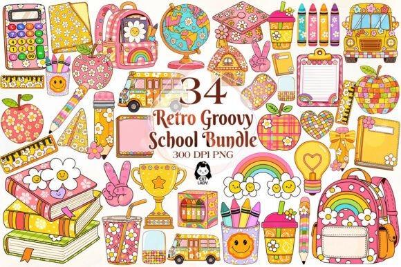 Retro back to school teacher clipart with colorful vintage-style school supplies and icons