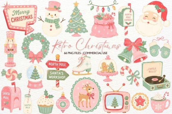 Retro Christmas Clipart collection with Santa, snowmen, ornaments, candy canes, wreaths, and festive holiday elements